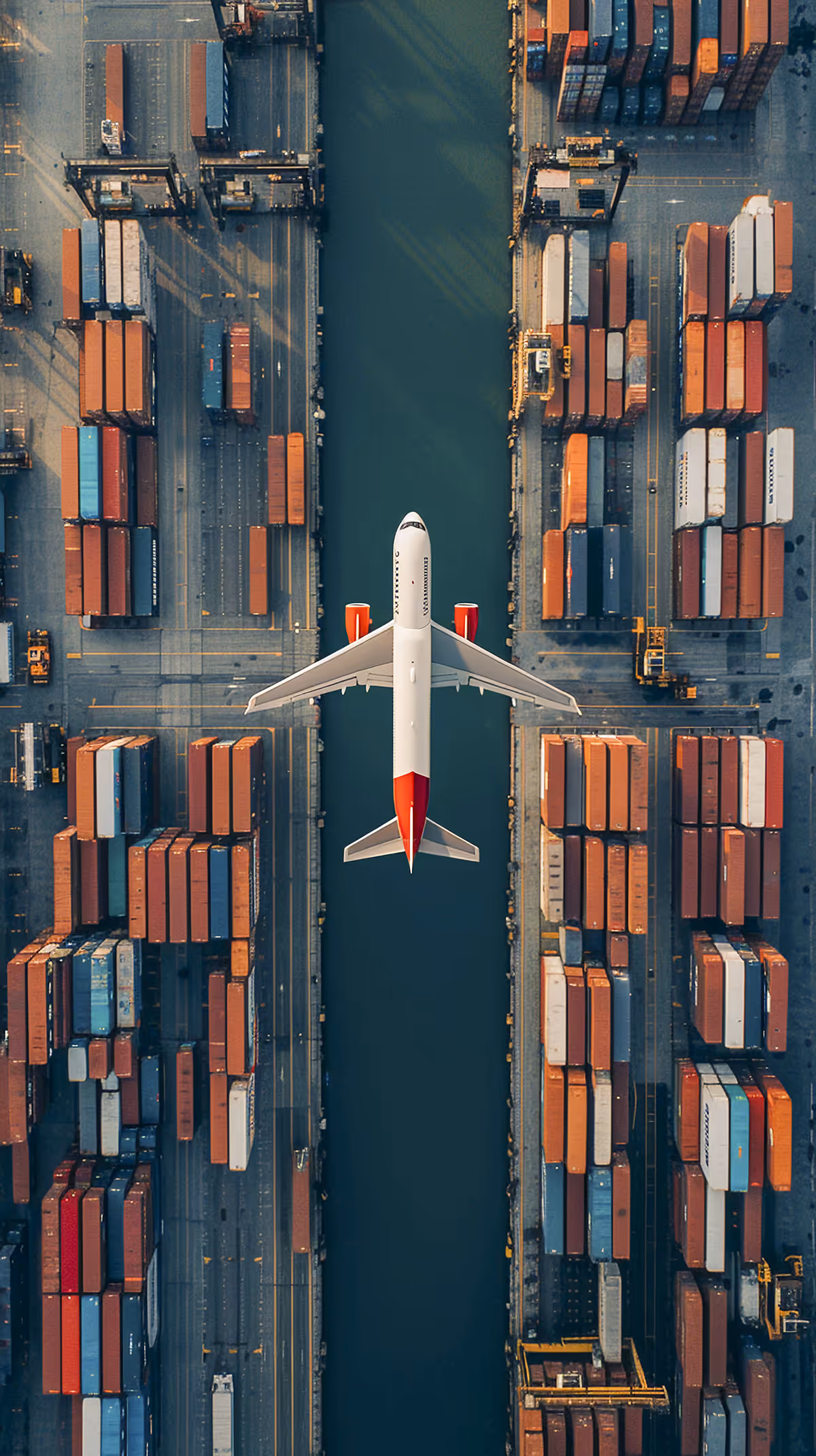 Aerial view of a white and red airplane flying over a narrow waterway flanked by stacked shipping containers at a port.